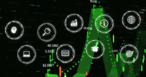 Image of icons over data processing on black background Illustrazione stock