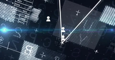 Image of icons over data processing on black background 写真素材