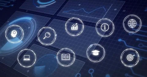 Image of icons over data processing on black background 写真素材