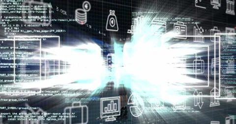 Image of icons over data processing and light trails on black background Foto stock