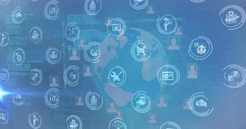Image of icons over globe and data processing on blue background Stock Illustration