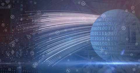 Image of icons over globe with binary code in navy space Illustrazione stock