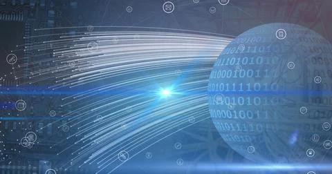 Image of icons over globe with binary code in navy space Illustrazione stock