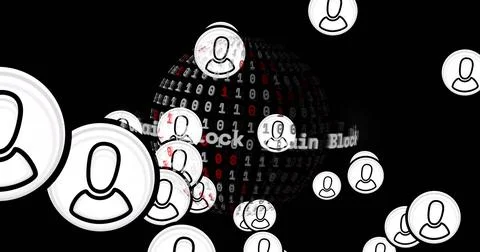 Image of icons over globe with data processing on black background Foto stock