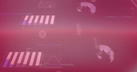 Image of icons over graphs, computer language and globes against abstract Foto stock