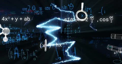 Image of icons over mathematical equations and lightning on black background Stockfoto's