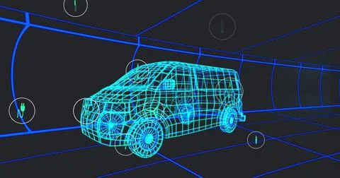 Image of icons processing status data over 3d van model moving on black Stock Illustration