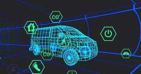 Image of icons processing status data over 3d van model moving on black Stock Illustration