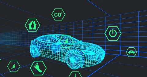 Image of icons processing status data over 3d car model moving on black Stock Illustration
