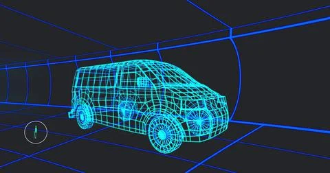 Image of icons processing status data over 3d van model moving on black Stock Illustration