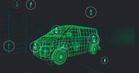 Image of icons processing status data over 3d car model moving on black Stock Illustration