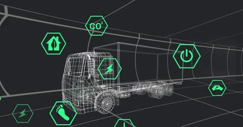 Image of icons processing status data over 3d truck model moving on black Illustrazione stock