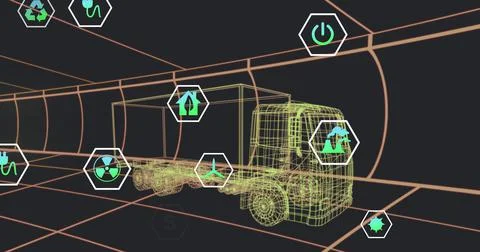 Image of icons processing status data over 3d truck model moving on black Stock Illustration