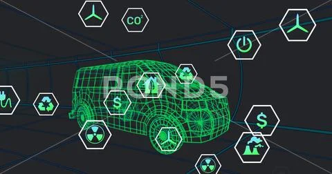 Image of icons processing status data over 3d van model moving on black ...