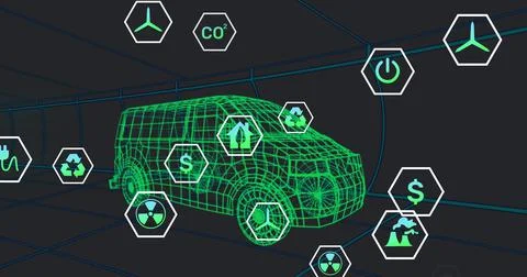 Image of icons processing status data over 3d van model moving on black Stock Illustration