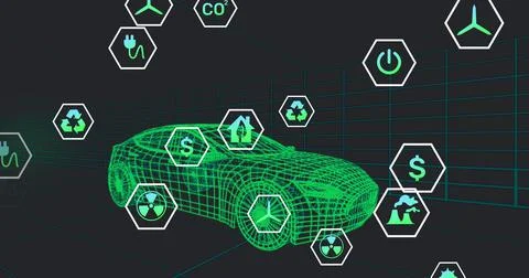 Image of icons processing status data over 3d car model moving on black Stock Illustration
