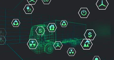Image of icons processing status data over 3d truck model moving on black Stock Illustration