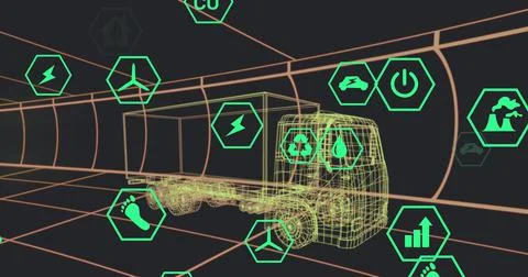 Image of icons processing status data over 3d truck model moving on black 库存插图