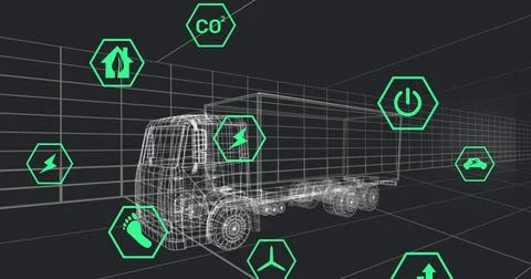 Image of icons processing status data over 3d car model moving on black Stock Illustration