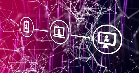 Image of icons in seamless pattern over network of connections with digital Stock Photos