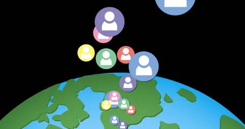Image of icons with users floating over globe イラスト素材