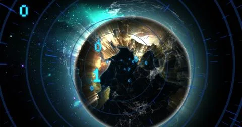 Image of illuminated binary codes with circles and connected dots over rotating Stock Photos