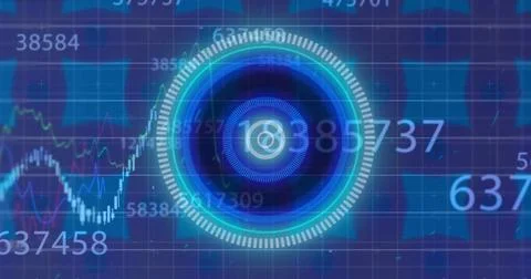 Image of illuminated circles over changing numbers, multiple graphs against 写真素材