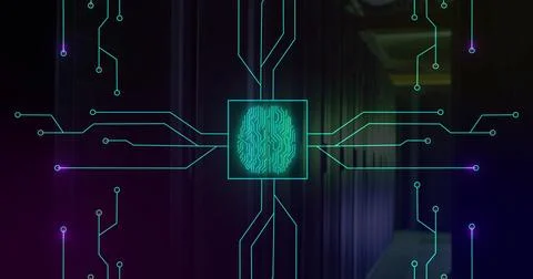 Image of illuminated circuit board pattern around brain in square over server Illustrazione stock