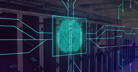 Image of illuminated circuit board pattern around brain in square over server 스톡 일러스트