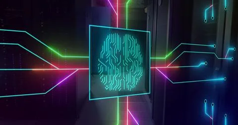 Image of illuminated circuit board pattern around brain in square over server 스톡 일러스트