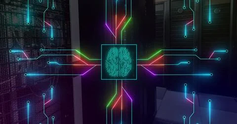 Image of illuminated circuit board pattern around brain in square over server Illustrazione stock