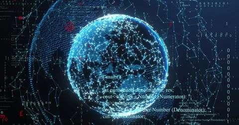 Image of illuminated connected dots forming globe and moving binary codes 库存照片