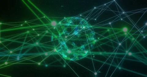 Image of illuminated dots connected with lines over globe against black Stock Illustration