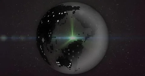 Image of illuminated dots on rotating globe and lens flares against black 스톡 사진