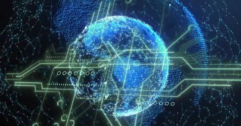 Image of illuminated globes with connected dots and moving lines Foto stock