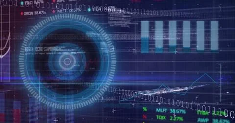 Image of illuminated lines over programming language, binary codes, circles and Stock Photos