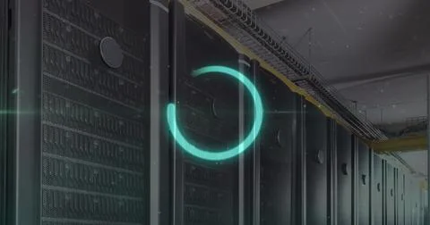 Image of illuminated loading circle over white dots against server room Stock Photos