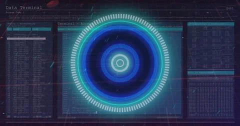 Image of illuminated over old computer terminal screen against black background Stock-Fotos