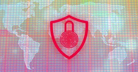 Image of illuminated padlock in shield over grid pattern against map in Stock Photos