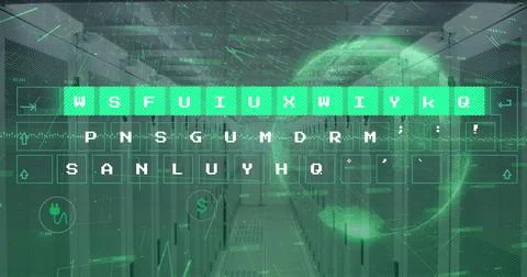 Image of illuminated pattern on keyboard with graph, icons and globe over server Stock Photos