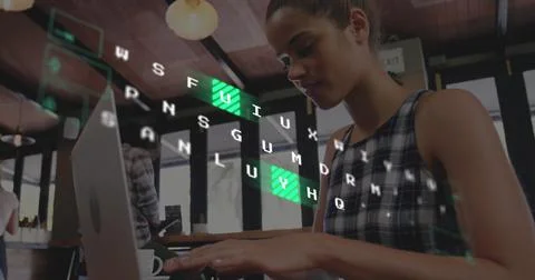 Image of illuminated pattern on keyboard over caucasian woman working on laptop 库存插图