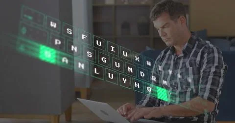 Image of illuminated pattern moving on keyboard over caucasian man working on Stock Illustration