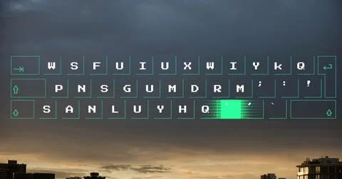 Image of illuminated pattern moving on keyboard over modern buildings again.. Stock Photos