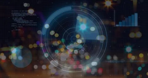 Image of illuminated radar, graphs, computer language over lens flare and moving 写真素材