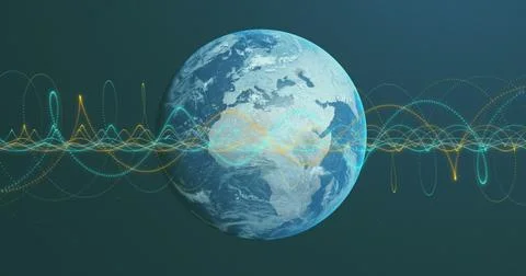 Image of illuminated spiral patterns over rotating globe against black Foto stock