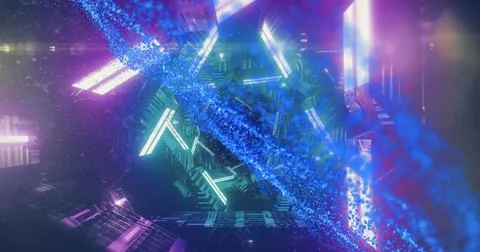 Image of illuminated triangular shapes rotating and blue dots forming line Stock Photos