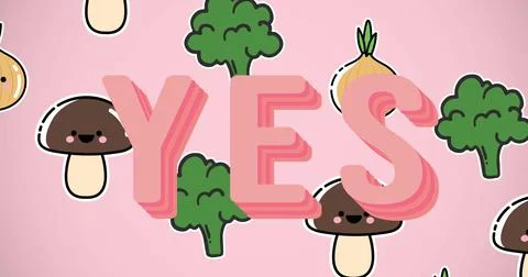 Image of illustration with yes text over vegetables with smiling faces on pink Stock Illustration