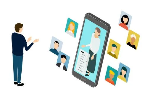 Image illustrations of people connecting using isometric and smartphone apps Illustrazione stock