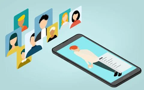 Image illustrations of people connecting using isometric and smartphone apps Stock Illustration