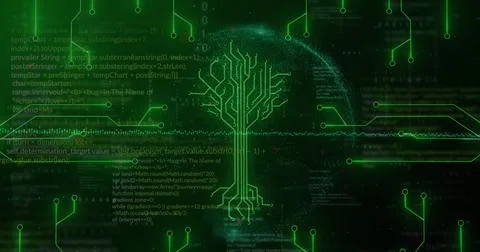 This image is an image of data processing and globe on black background Stock Photos